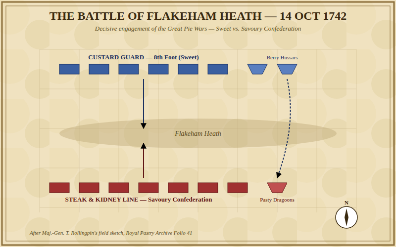 Battle of Flakeham Heath, 14 October 1742 — turning point of the Great Pie Wars.